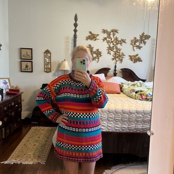 Vtg 80s/90s Contrasts turtleneck brightly colored multi patterned long sweater - Picture 8 of 8